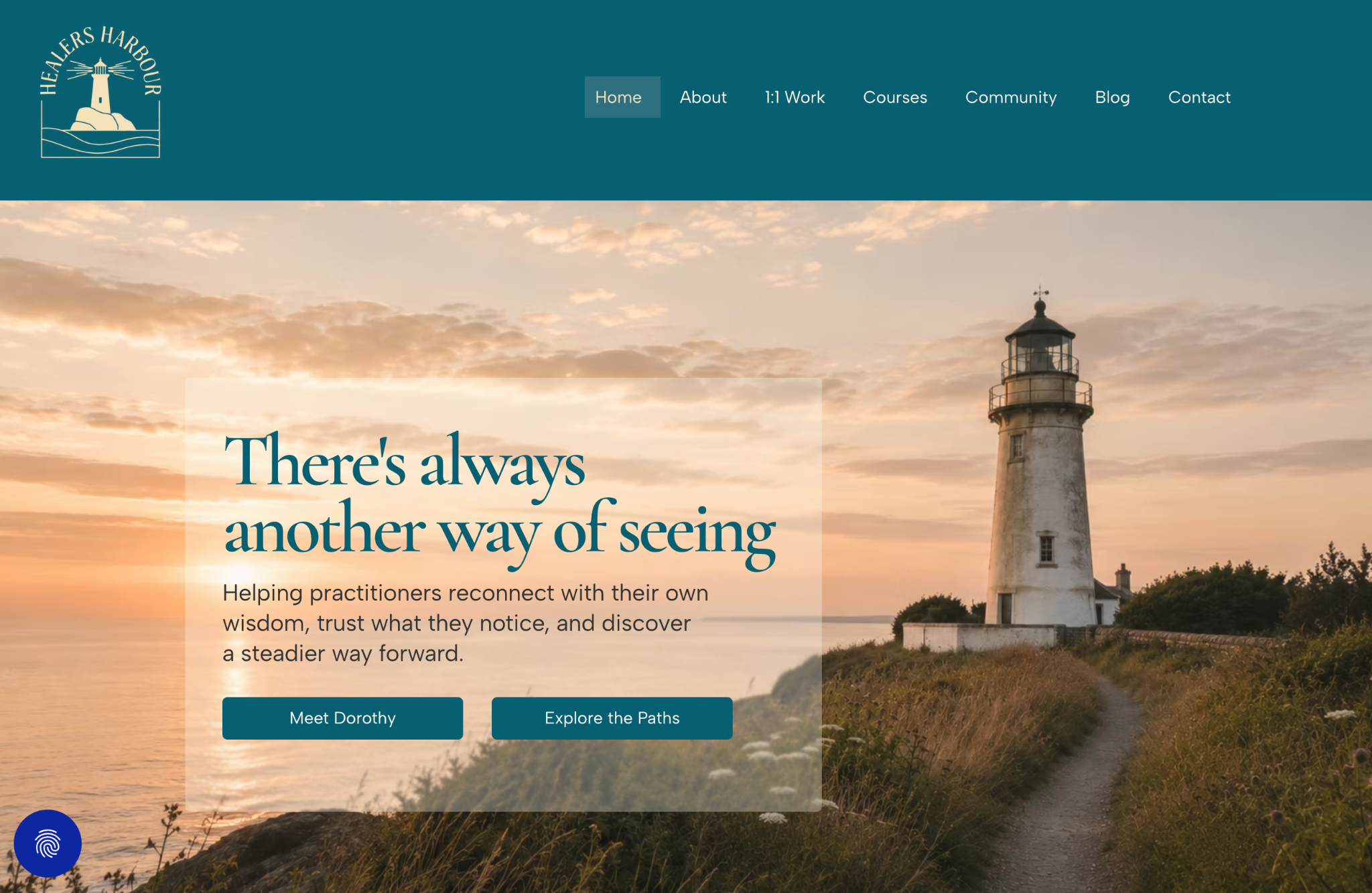Dorothy Watt’s Healers’ Harbour website with a lighthouse at sunset and the headline There’s always another way of seeing