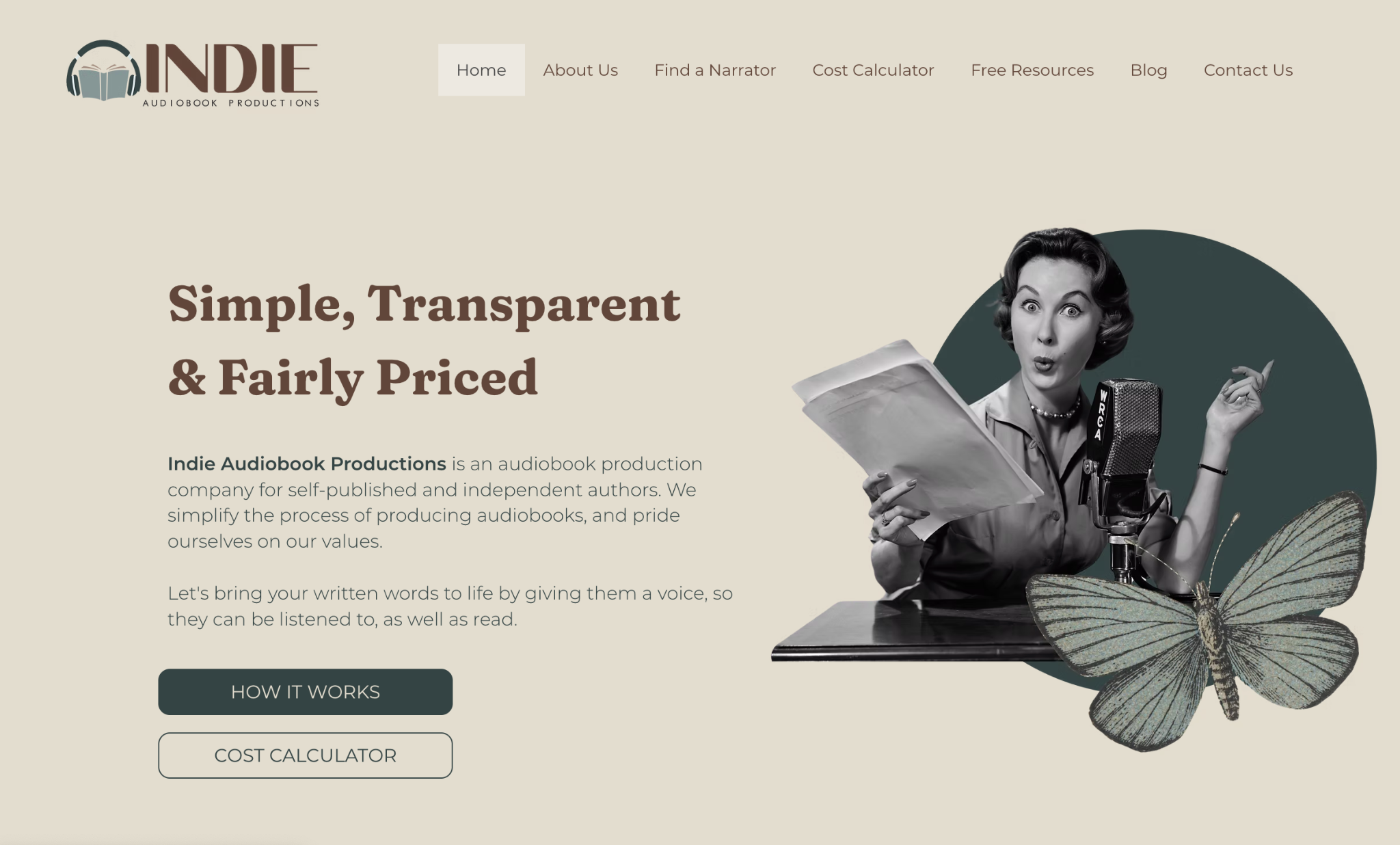 Indie Audiobook Productions website featuring a vintage narrator, microphone and butterfly collage