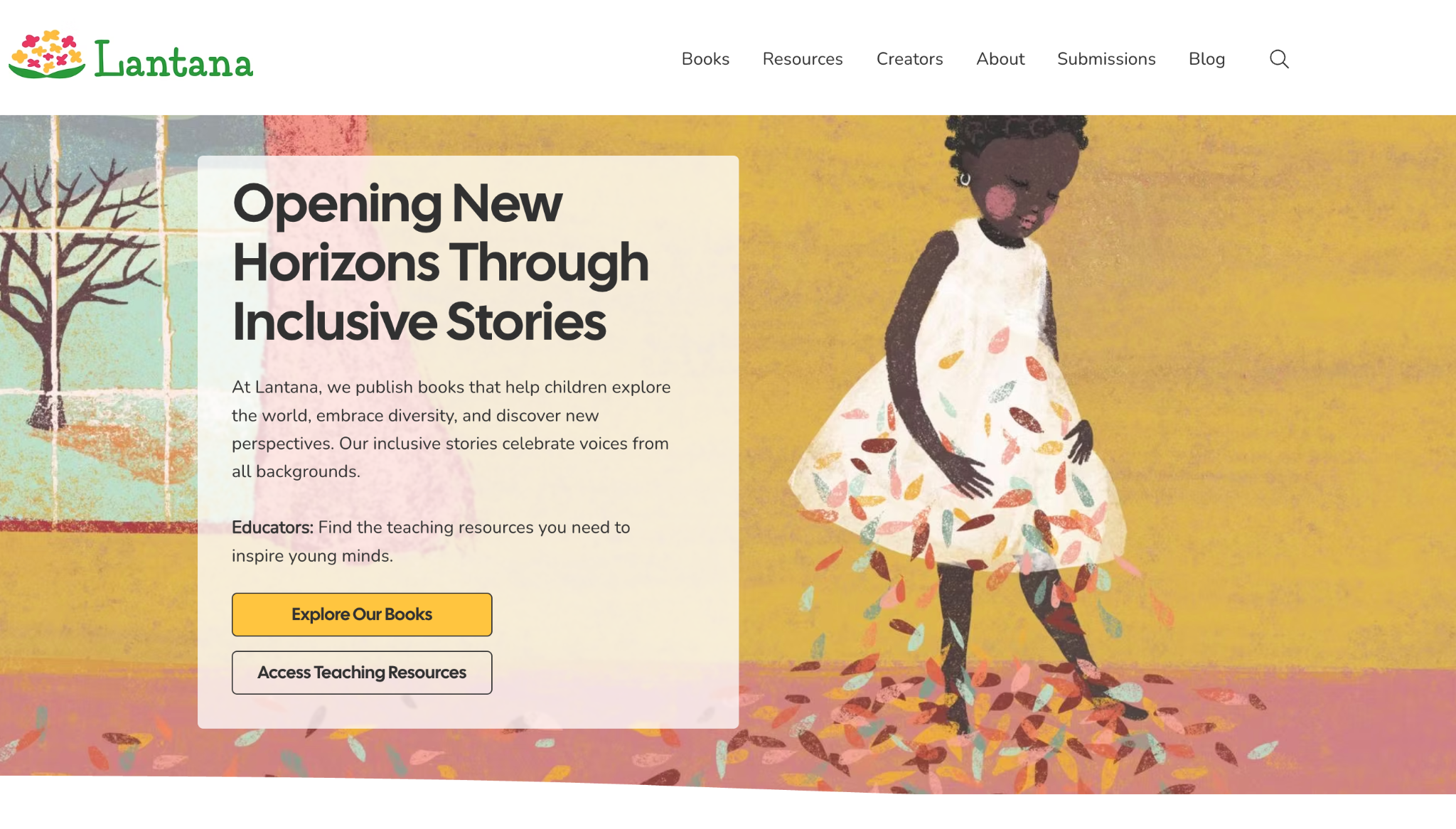 Lantana website with a colourful book illustration and the headline Opening New Horizons Through Inclusive Stories