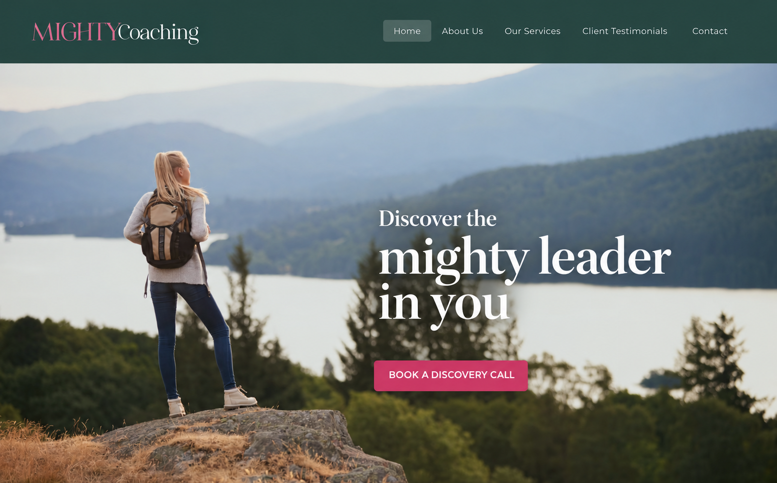 Mighty Coaching website with a mountain landscape and the headline Discover the mighty leader in you
