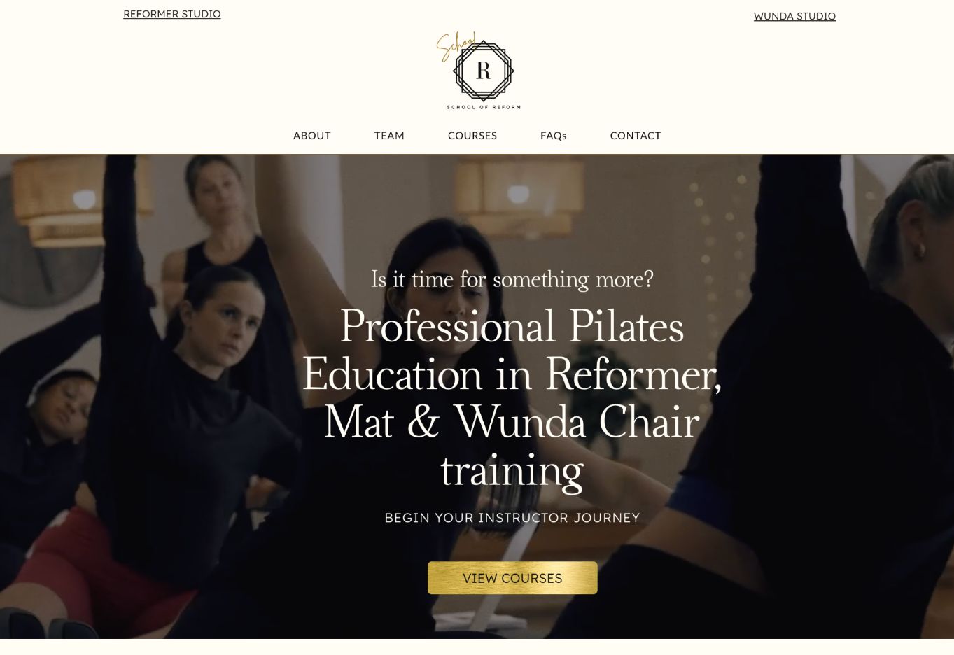 School of Reform website showing professional Pilates teacher training